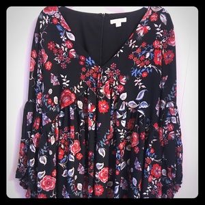 Black, red, blue, & white flower print tunic dress